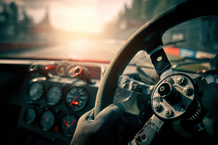 Hands firmly grasp the steering wheel of a racing car as focus intensifies during a fast-paced driving session on a track with a vibrant sunset.の素材