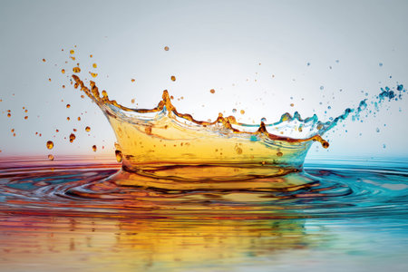 Gasoline fuel droplet impacts water, creating a colorful splash with vibrant hues reflecting from the surface in a dramatic display of liquid motion at dusk.の素材