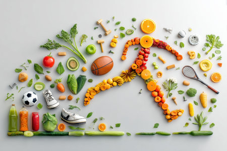 A vibrant composition illustrates a jumping figure, crafted from various vegetables and sports equipment, representing an active and healthy lifestyle.の素材