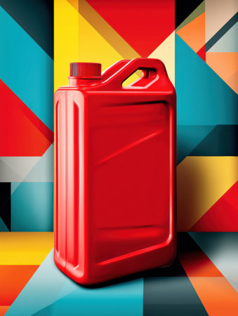 A vivid red jerrycan stands out against a bold, colorful abstract geometric background, creating a striking visual impact.の素材