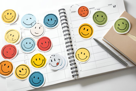 Colorful smiley face stickers on a calendar promote healthy habits and boost daily motivation throughout the week.の素材