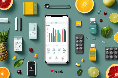 Health app interface shows various health metrics surrounded by fresh fruits and medicine icons, indicating a focus on wellness and nutrition.の素材