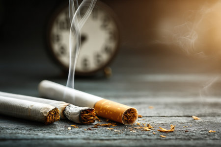 A cigarette burns at both ends on a weathered wooden surface while a clock in the background subtly signifies the passage of time and missed opportunities.の素材