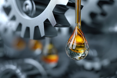 An oil droplet transforms into a gear, symbolizing the fusion of energy and machinery in modern industrial innovation.の素材