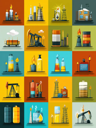 Brightly colored icons represent petroleum concepts, including oil rigs, barrels, gas tanks, and products, illustrating elements vital to the energy industry.の素材