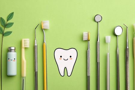 Various dentist tools are arranged neatly on a bright green background alongside a friendly tooth character, promoting dental care and hygiene.の素材
