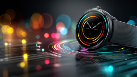 Bright and colorful rings illuminate a modern fitness watch placed on a clean, high-tech surface, highlighting its advanced health tracking capabilities.の素材