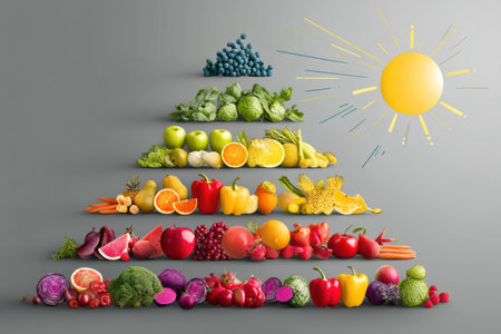 A colorful nutrition pyramid showcases a variety of fresh fruits and vegetables, with a bright sun icon positioned above, emphasizing healthy living.の素材