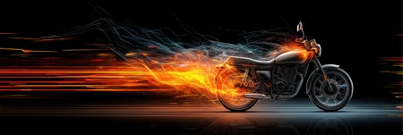 A motorcycle accelerates rapidly, leaving behind a trail of fire and light on a dark background, representing speed and power in motion.の素材