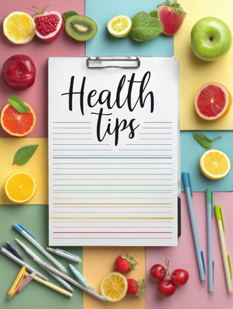 A health tips list is pinned on a pastel board surrounded by vibrant fruit stickers, highlighting nutrition and wellness in an inviting workspace.の素材