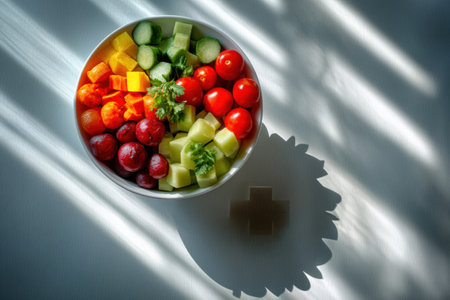 A vibrant salad bowl of fresh veggies and fruits features bright colors, with a medical cross shadow adding an intriguing touch.の素材