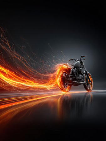 A motorcycle accelerates rapidly, creating a blazing fire trail against a dark backdrop, symbolizing speed and power in motion.の素材