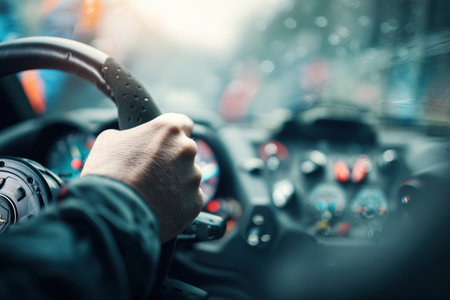 Hands firmly grasp the steering wheel of a racing car, showcasing intense concentration amidst a high-speed environment filled with gauges and controls.の素材