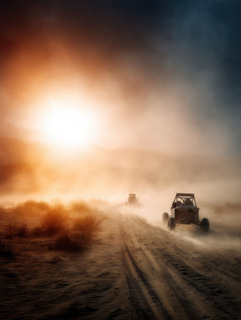 High-speed sand dune buggies race through a dusty desert landscape as the sun sets, creating a dramatic backdrop filled with dust and sun flares.の素材