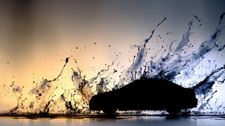 Black oil creates a striking silhouette of a car, with splashes surrounding it, set against a vibrant backdrop during a creative artistic moment.の素材