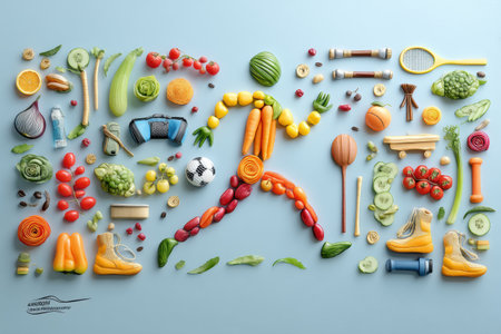 A lively display features a jumping figure made of vegetables and sports gear, celebrating fitness and nutrition.の素材