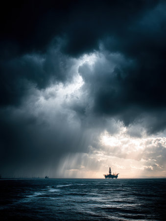 An oil rig stands prominently in the water as dark storm clouds loom overhead, creating a striking contrast against the turbulent sea during inclement weather.の素材