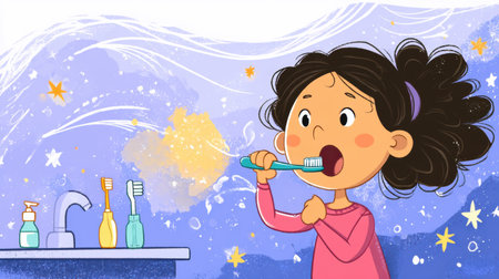 A joyful child brushes teeth with a sparkling toothbrush in a vibrant bathroom, surrounded by colorful toothbrushes and fun decor, preparing for bedtime.の素材