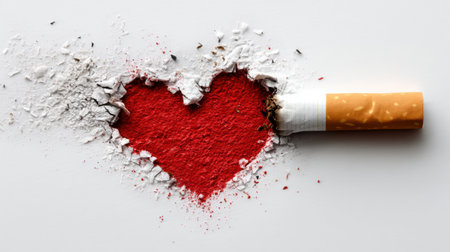 A cigarette stub is embedded in a red heart shape made of crushed material, representing the harmful impact of smoking on health and love.の素材