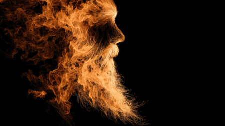 A striking illustration depicts a beard made entirely of glowing flames on a deep black background, embodying the essence of fantasy and fire.の素材