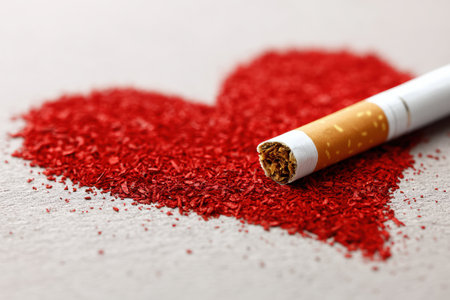 Cigarette stub embedded in a bright red heart shape symbolizes the negative impact of smoking on health and well-being.の素材