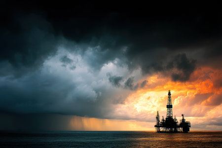 Silhouette of an oil rig stands against a backdrop of dramatic storm clouds rolling in over the sea during twilight, creating a striking contrast.の素材