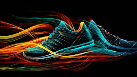 Athletic shoes race through colorful motion trails, embodying vitality and energy while showing the spirit of an active lifestyle in a dynamic environment.の素材