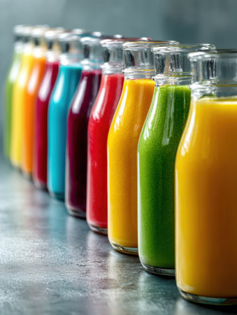 Rainbow smoothies showcase vibrant colors and health benefits in a clean, minimalist studio layout.の素材