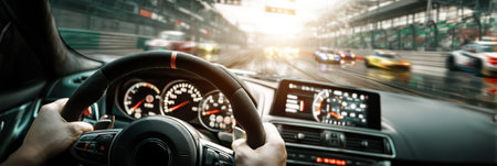 Gripping the steering wheel, racing at a busy motorsport track, surrounded by high-speed cars and fierce competition in bright daylight.の素材