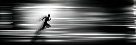 Fast runner captured in a striking monochrome motion blur, showing the intensity and speed of the athlete in an energetic outdoor sprinting eventの素材
