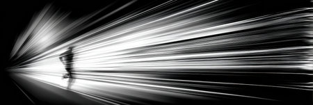 A fast runner moves dynamically across a dark track, captured in a blur of monochrome streaks, showcasing speed and intensity during a night event.の素材
