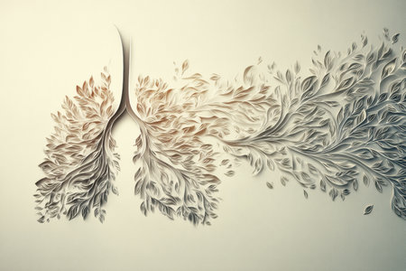 Artistic representation shows paper-cut lungs dissolving into smoke, emphasizing the connection between respiratory health and air pollution, encouraging awareness.の素材