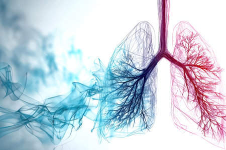 Detailed view of lungs featuring cracks and smoke-like veins, illustrating the impact of pollution on respiratory health and anatomyの素材