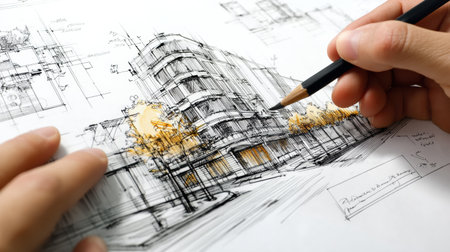 Hand drawings of architectural plans showcase innovative design concepts and renovation ideas for an urban project, reflecting creativity and precision.の素材