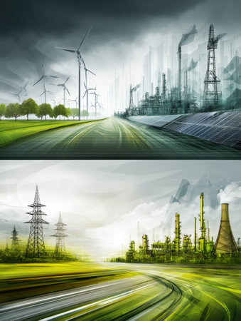 A split-screen view showcases green energy infrastructure with wind turbines and solar panels alongside oil refineries indicating coexistence of energy sources.の素材