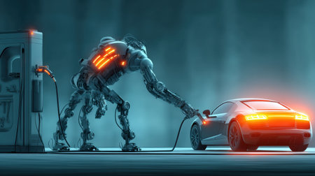 A shiny futuristic robot connects a charging cable to a modern car, refueling it with synthetic oil in a high-tech, cybernetic setting.の素材