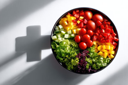 A vibrant bowl of fresh salad showcases a variety of colorful ingredients, displaying a mix of textures and shapes while casting a unique cross shadow.の素材
