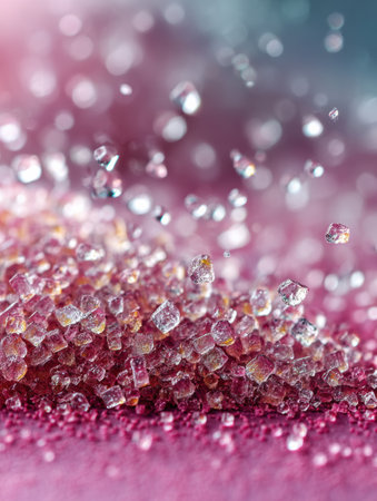 Glistening sugar crystals rest on a delicate pink backdrop, reflecting light and creating a mesmerizing sparkling effect. The texture is soft and inviting.の素材