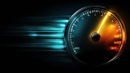 This design showcases a fuel gauge illuminated by glow effects, emphasizing energy tones and warning signals against a dark background, representing urgency.の素材