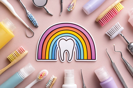 A vibrant rainbow-colored tooth icon creatively surrounded by various dental hygiene tools, showing the importance of oral health care essentials.の素材
