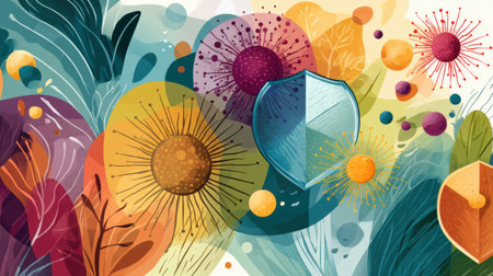 Colorful abstract visualization illustrates a strong immune system featuring shield forms surrounded by diverse elements representing health and vitality.の素材