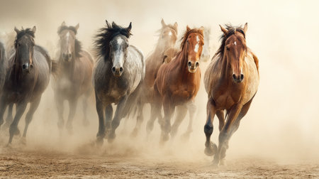 Horses sprint energetically across a dusty terrain, kicking up clouds of dust as they race under a bright sky, showcasing their power and grace.の素材