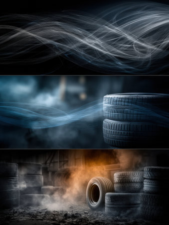 Collage features movement lines blending with tires and engines, creating an energetic atmosphere filled with smoke and dynamic elements.の素材