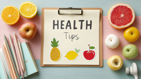 Health tips list displayed on a pastel board surrounded by fresh fruit stickers and colorful stationery, creating an inviting atmosphere for healthy livingの素材