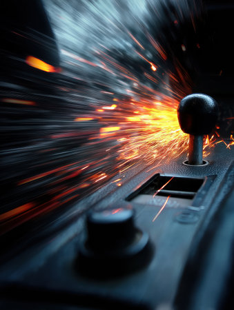 Close-up of a gear shift with fire and sparks in motion evokes a sense of speed and adrenaline during a thrilling driving experience.の素材