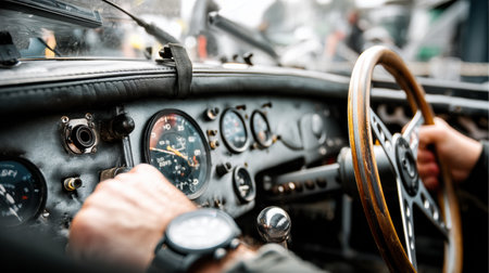 Hands firmly grasp the steering wheel in a classic car, showcasing intense concentration and precision as the driver navigates a racing environment.の素材