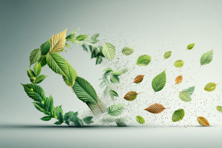 No smoking sign represented by assorted leaves and airborne clean air particles highlights the importance of fresh air and nature in urban settings.の素材