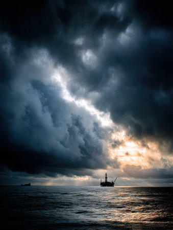 Silhouette of an oil rig stands against a moody sky filled with dark clouds as twilight settles over the ocean, creating a striking contrast.の素材