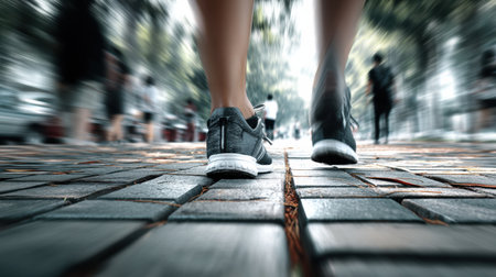 Focused feet move swiftly on the pavement, creating a dynamic effect in a bustling city during a sunny afternoon with pedestrians in the background.の素材