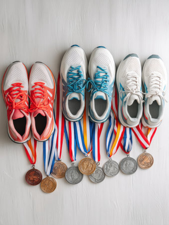 Display highlights marathon medals alongside colorful running shoes, emphasizing achievements in endurance sports and passion for running.の素材